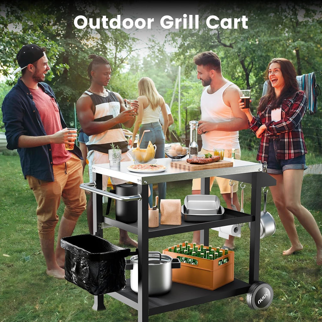 NUUK 3-Shelf Grill Cart for Outdoor with Stainless Steel Top – 20' x 32' Movable Pizza Oven Stand with Wheels Kitchen Prep Table BBQ Cart Worktable