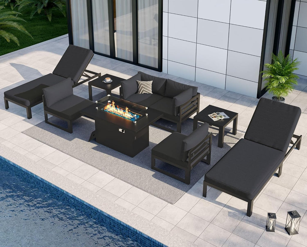 NICESOUL 9 Piece Luxury Aluminum Outdoor Sectional Sofa with Lounge & Fire Pit Table, Large Modular Patio Furniture Set, 29' Deep Wide Seating, 500 lbs Heavy Duty Conversation Set for Deck, Dark Gray