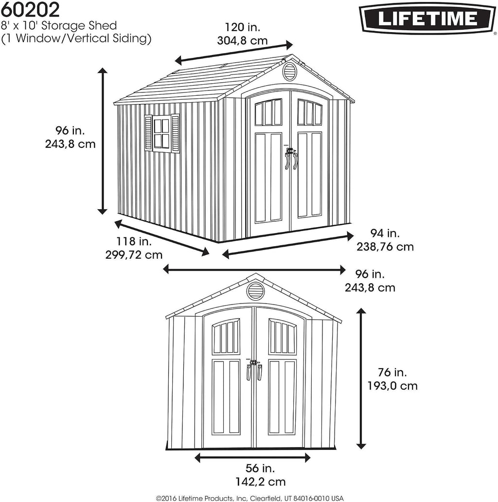 Lifetime 8 x 10 Ft Outdoor Storage Shed, Dual-Wall HDPE Construction, Steel-Reinforced, Skylight and Window, Lockable Doors, UV-Protected Gray Finish