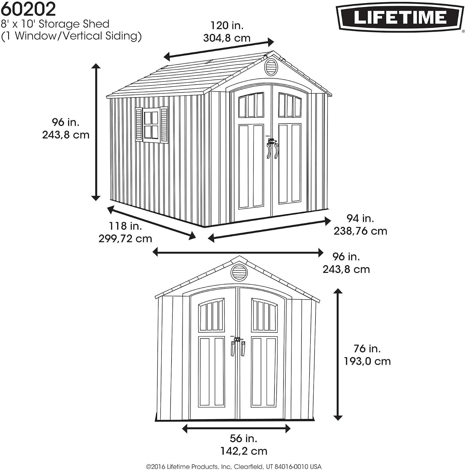 Lifetime 8 x 10 Ft Outdoor Storage Shed, Dual-Wall HDPE Construction, Steel-Reinforced, Skylight and Window, Lockable Doors, UV-Protected Gray Finish