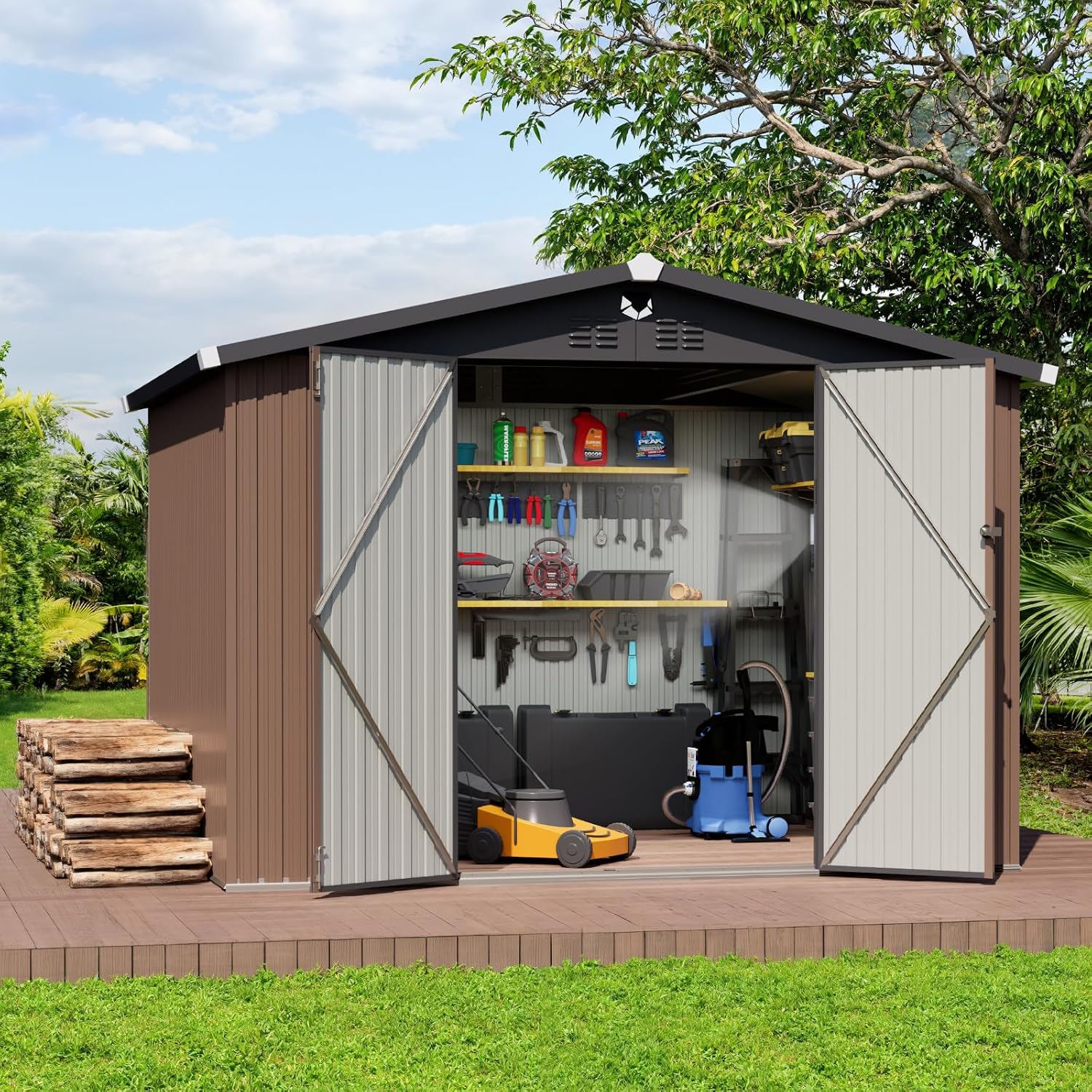 Metal Storage Shed,10x8 Outdoor Storage Building,Large Backyard Sheds with Lockable Doors,Waterproof Outside Storage Sheds with Lockable Doors(Floor Not Included)