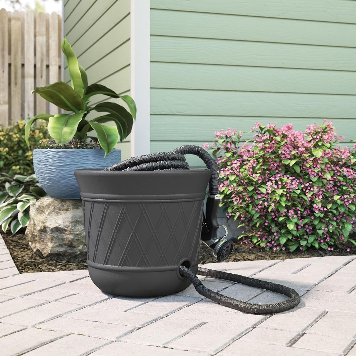 Suncast 8 Pack 14' x 12' Round Resin Decorative Weatherproof Outdoor Hideaway Standard Garden Hose Storage Pot with Drainage Holes, Gray