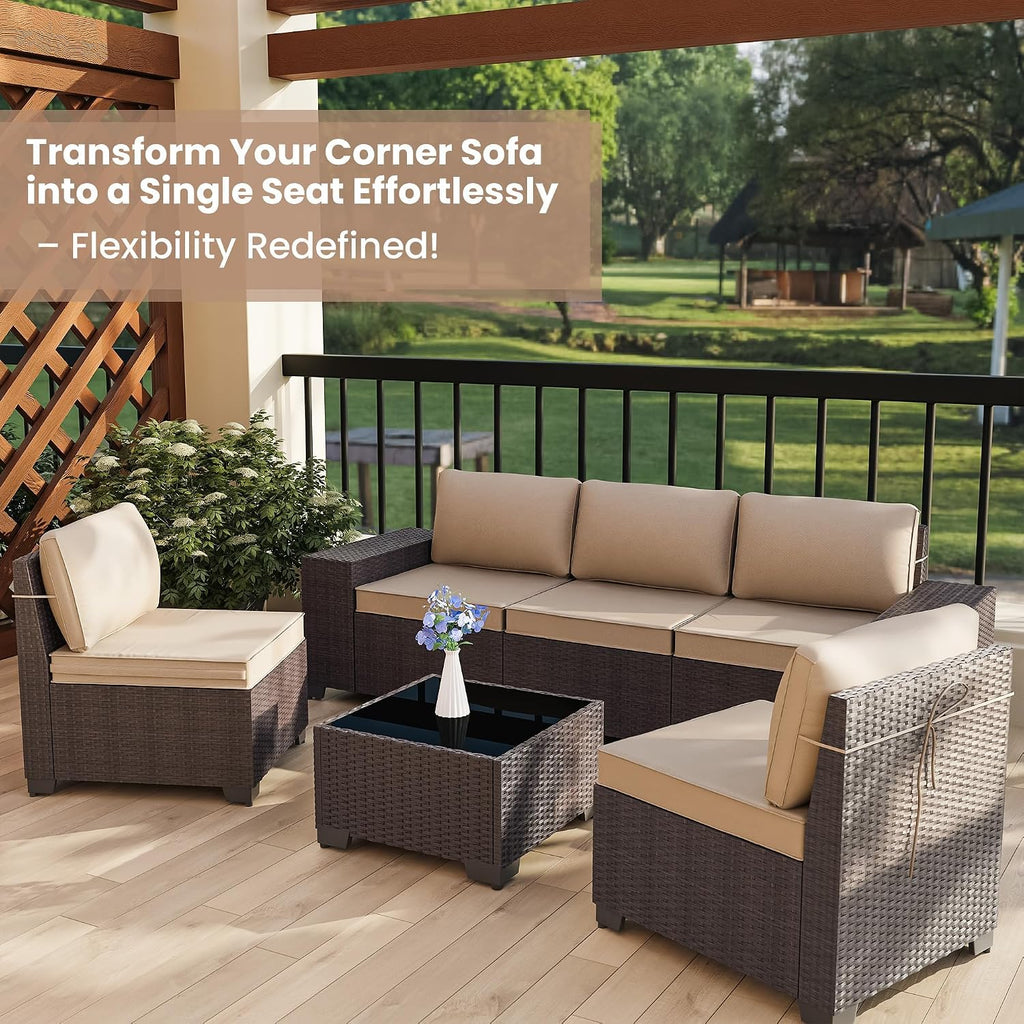 6 PCS Outdoor Patio Furniture Set,Outdoor Sectional Furniture All Weather PE Rattan Wicker Patio Conversation Set with Coffee Table and 5 Thickened Cushions,Sand