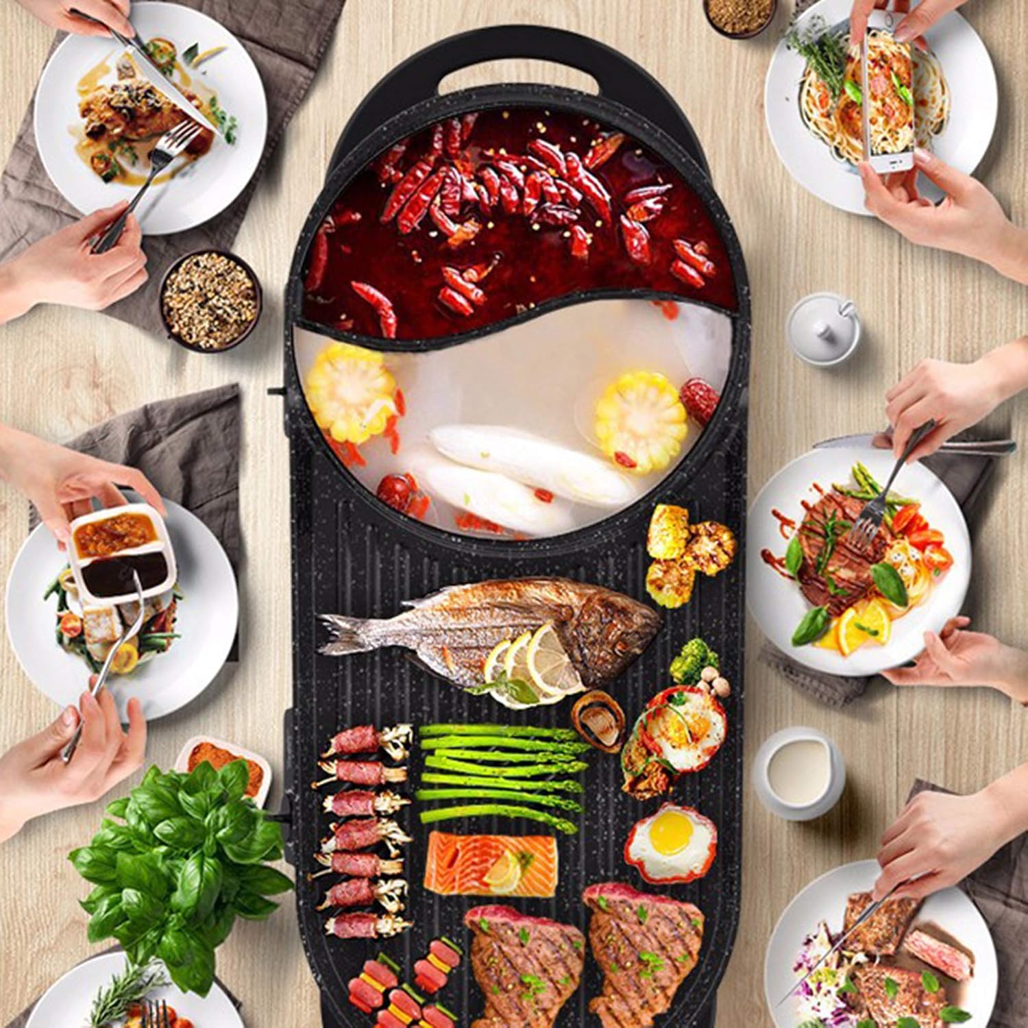 Electric 2 in 1 Grill Indoor Hot Pot Multifunctional Teppanyaki Grill/Shabu Shabu Pot Smokeless with 5 Level Temperature for Family Gathering, Party Indoor/Outdoor.