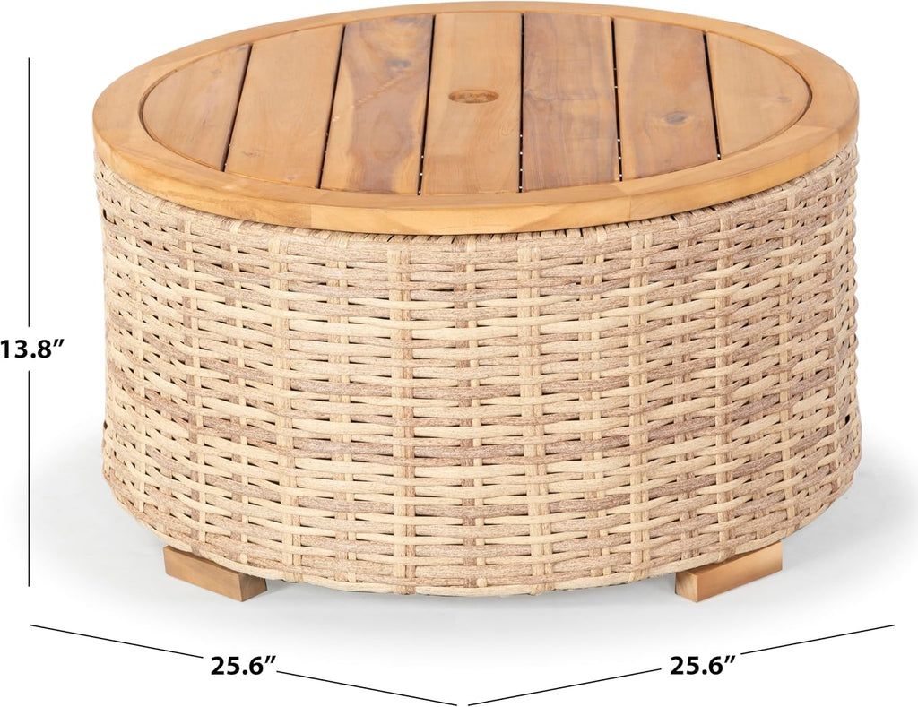 SAFAVIEH Couture Outdoor - Anguilla Round Wicker Coffee Table - Solid Wood and Aluminum - Coastal Woven Design - Ideal for Patio, Deck, Porch, Backyard, 25.6'W x 25.6'D x 13.8'H (CPT2103A)