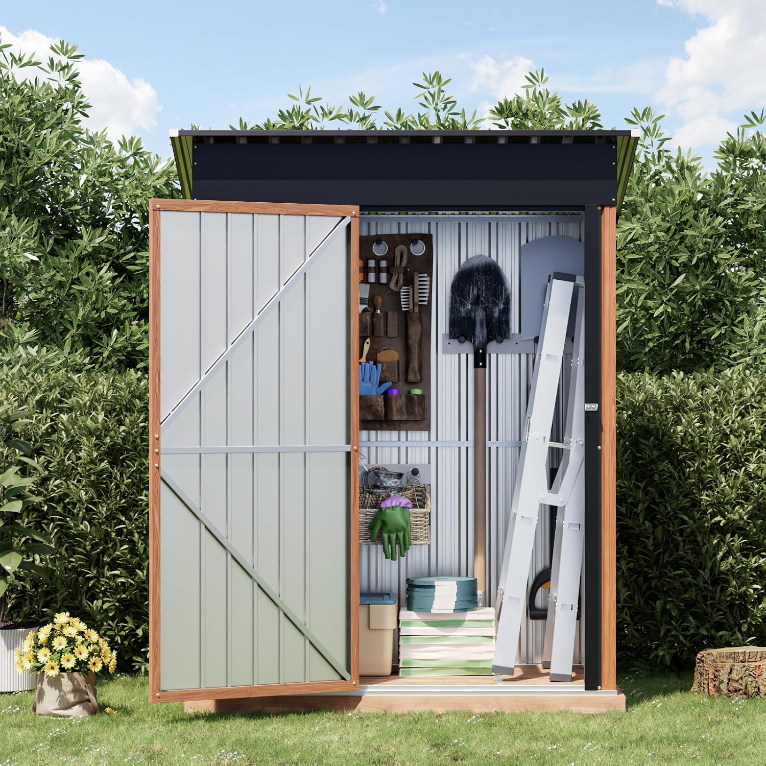 3x5FT Outdoor Storage Shed, Metal Garden Shed with with Floor Base,Updated Frame Structure & Lockable Door, Large Tool Shed for Backyard, Patio,Lawn,Utility & Bike Storage