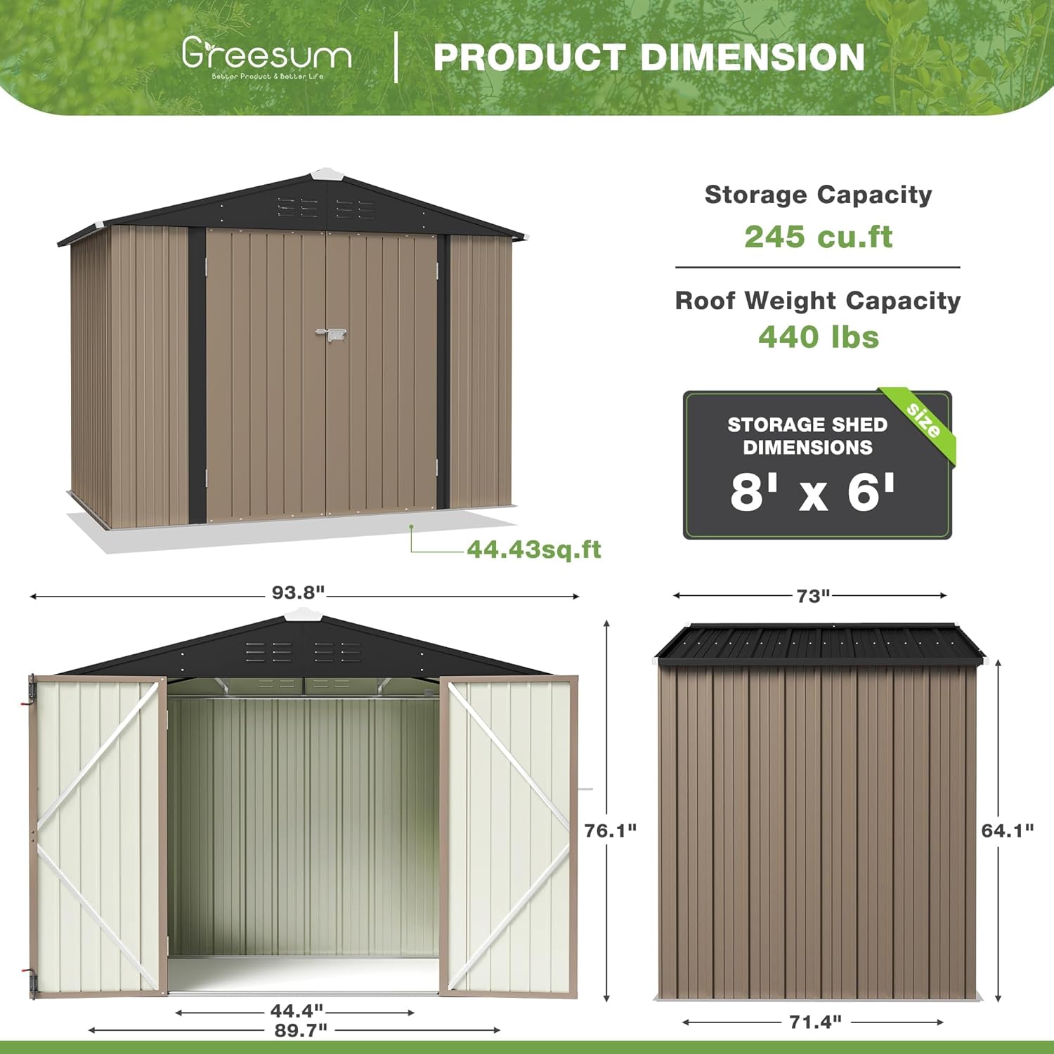 Greesum 8x6FT Outdoor Storage Shed, Utility Tool Shed with Sloping Roof, Metal Storaged Garden Shed with Door & Lock for Patio Storage, Brown