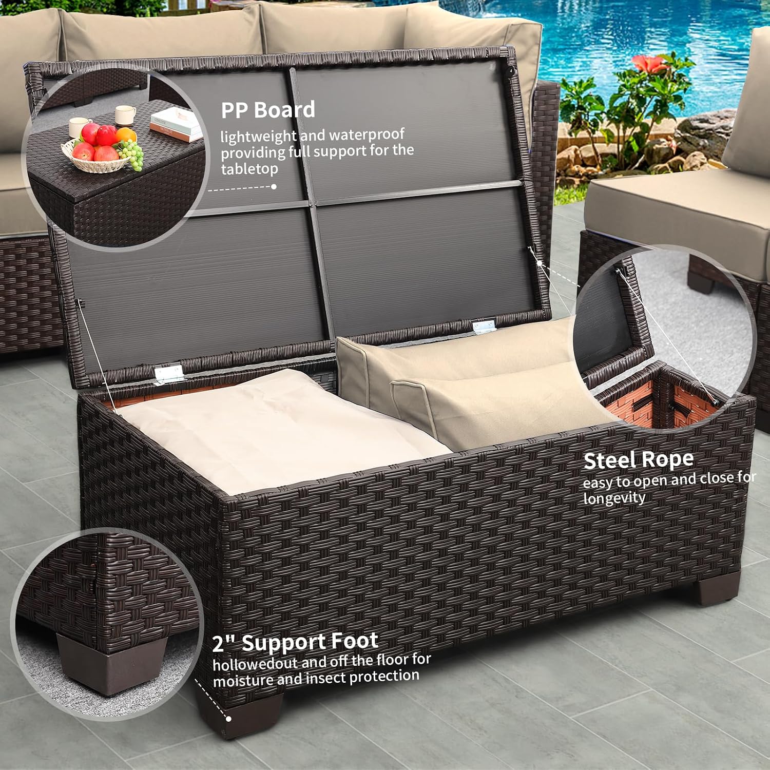 Rattaner 5-Piece Outdoor Furniture Set Patio Furniture Set Outdoor Couch Coffee Table with Storage Non-Slip Cushions and Waterproof Covers, Khaki
