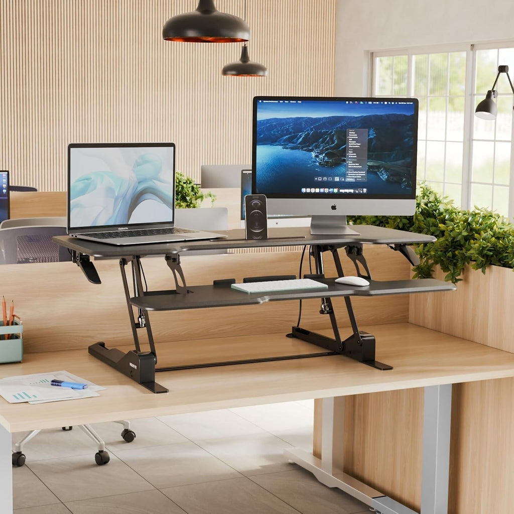 Mount-It! 47' Standing Desk Converter, XL Desktop Sit-Stand Desk Riser with Gas Spring Height Adjustment, Wide Desk Topper for Dual Monitors or Monitor & Laptop, Keyboard Tray, Black