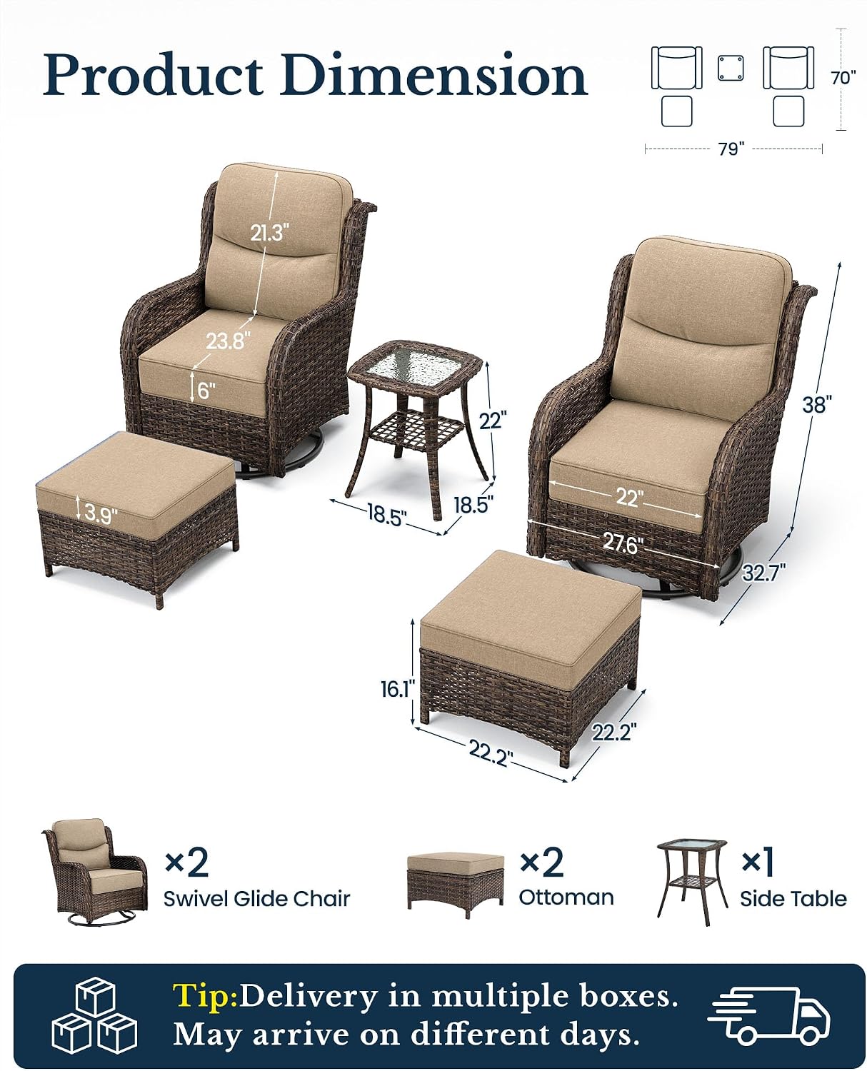 HILLGA 5-Piece Luxury Patio Furniture Set with 6' Thick Cushions, Weather-Resistant Wicker High Back Swivel Rocker Chairs, Senior-Friendly Conversation Set for Small Porch, Deck and Sunroom, Beige(V2)