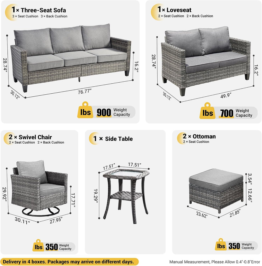 ovios 7 Pieces Patio Furniture Set, Outdoor Wicker Sofa Couch with Swivel Chairs, Rocking Glider Rocker with Comfy Cushions All Weather Rattan Conversation Set, Dark Grey