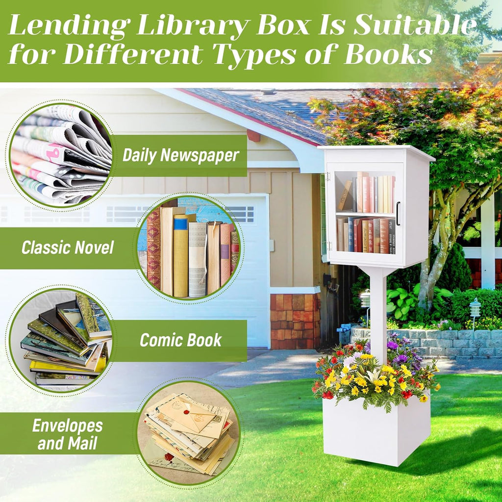 Wonderjune Wooden Little Library Box Outdoor, Weatherproof Double Solid Wood Book Exchange Box with Floor Plugs and Small Flower Fence for Neighborhoods, Community, Literature, School(White)