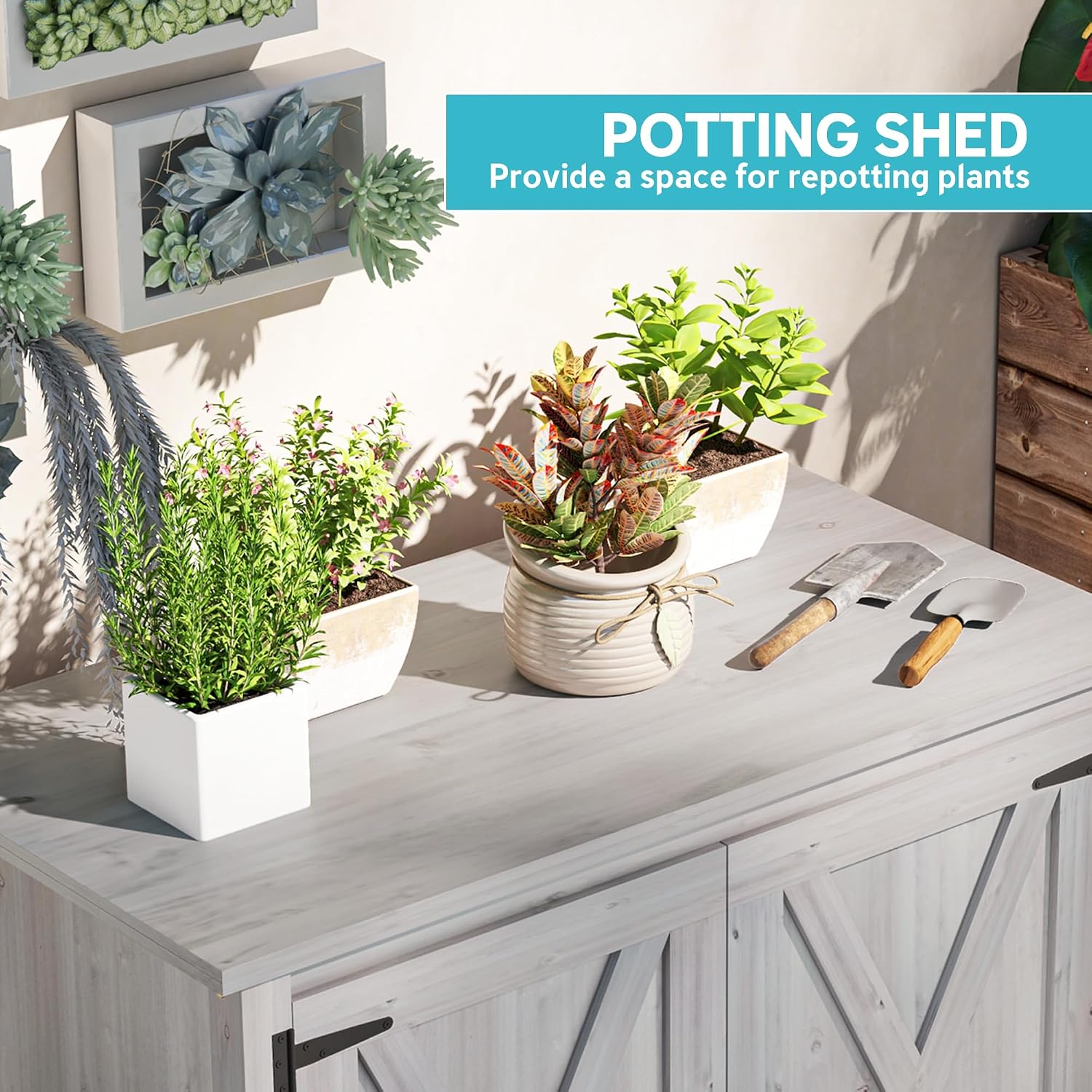 Outsunny Wood Garden Shed, Compact Outdoor Storage Cabinet Potting Shed with Inner Shelf and Double Doors for Backyard, Patio, Lawn, Light Gray