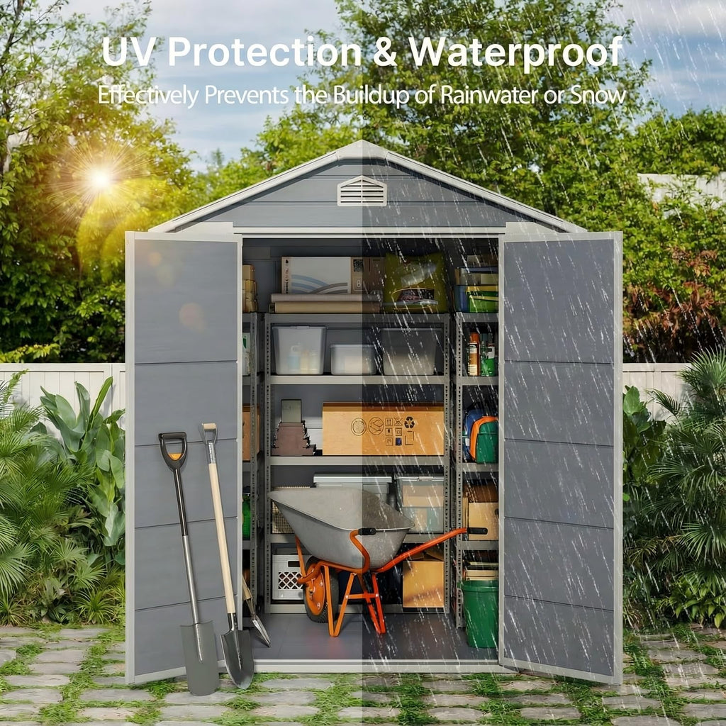 Gizoon 6x4 FT Outdoor Storage Shed with Floor, Resin Garden Tool Shed with Lockable Doors, Window, Vents, Reinforced Steel Frame, Waterproof Plastic Storage Sheds for Backyard, Patio, Lawn
