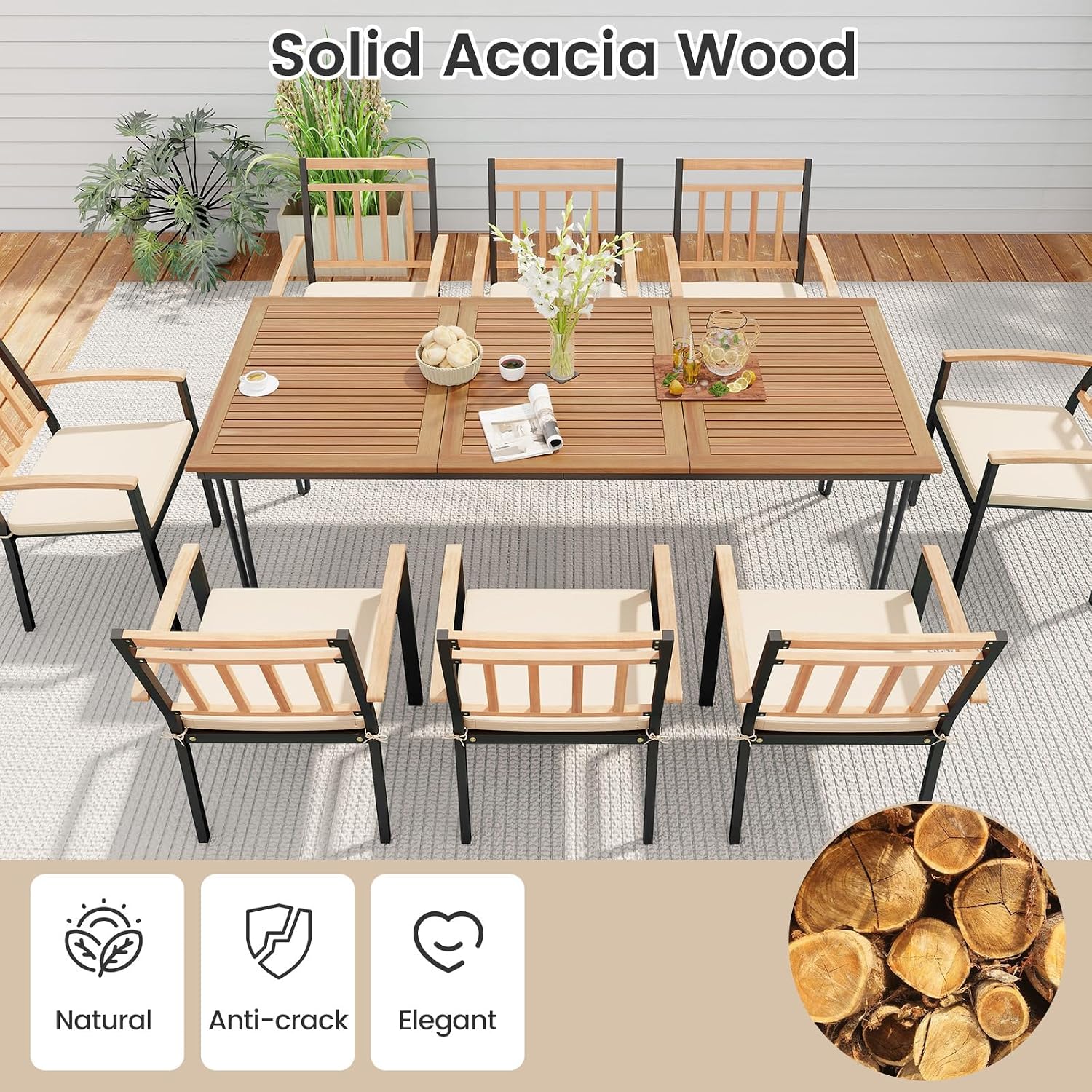 Tangkula 9 Piece Patio Dining Set, Outdoor Dining Furniture Set w/Rectangular Acacia Wood Dining Table & 8 Cushioned Chairs, Metal Frame Dining Set w/Umbrella Hole for Yard, Porch, Garden, Deck