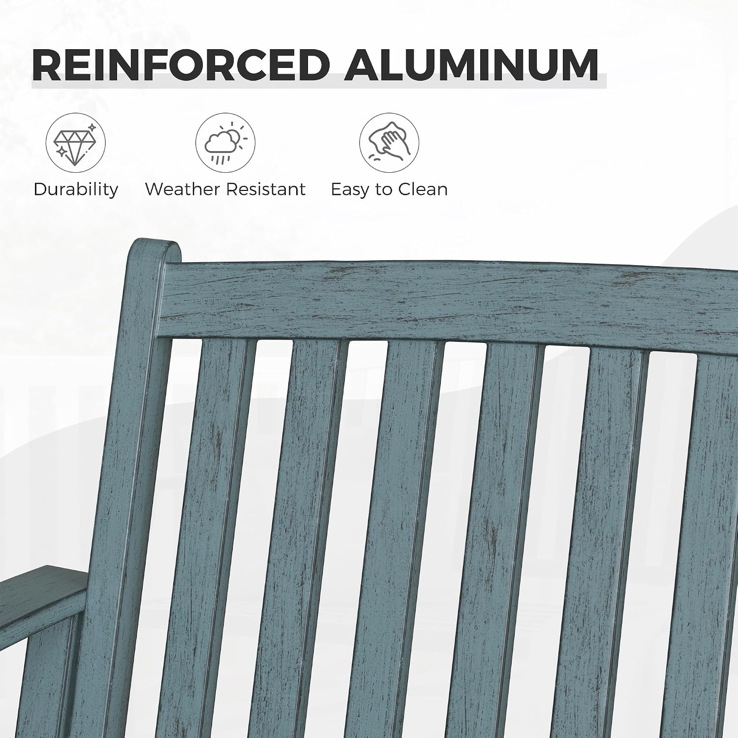 Grand patio 52' Farmhouse Outdoor Bench, Garden Benches with Anti-Rust Aluminum Metal Frame, Faux Wood Grain Finish Frame Patio Bench for Front Porch, Weathered Blue