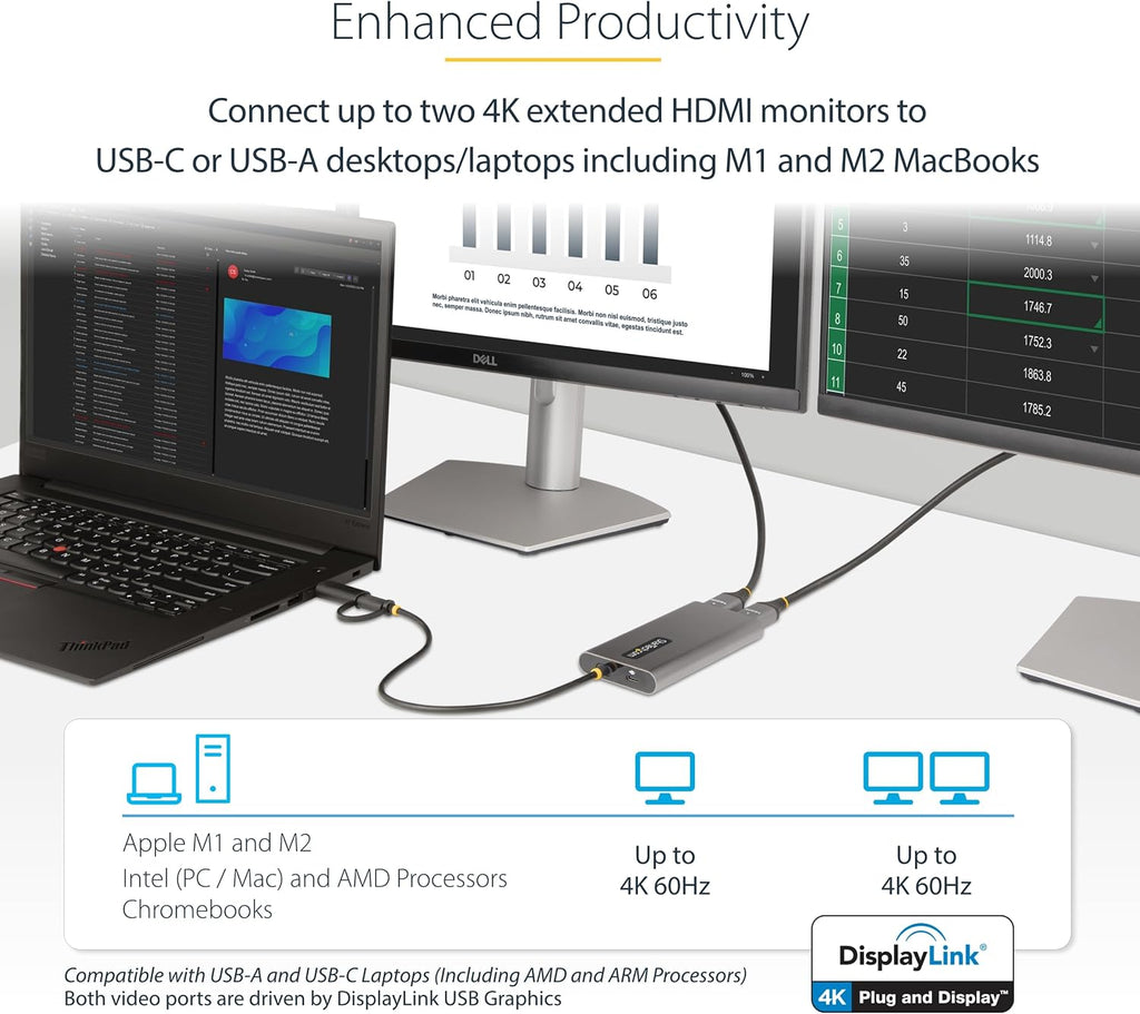StarTech.com USB-C to Dual-HDMI Adapter, USB-C/A to 2X HDMI Converter, 4K 60Hz, 100W PD Pass-Through, Win/Mac, TAA