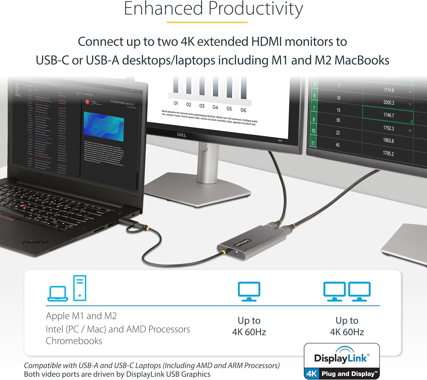 StarTech.com USB-C to Dual-HDMI Adapter, USB-C/A to 2X HDMI Converter, 4K 60Hz, 100W PD Pass-Through, Win/Mac, TAA