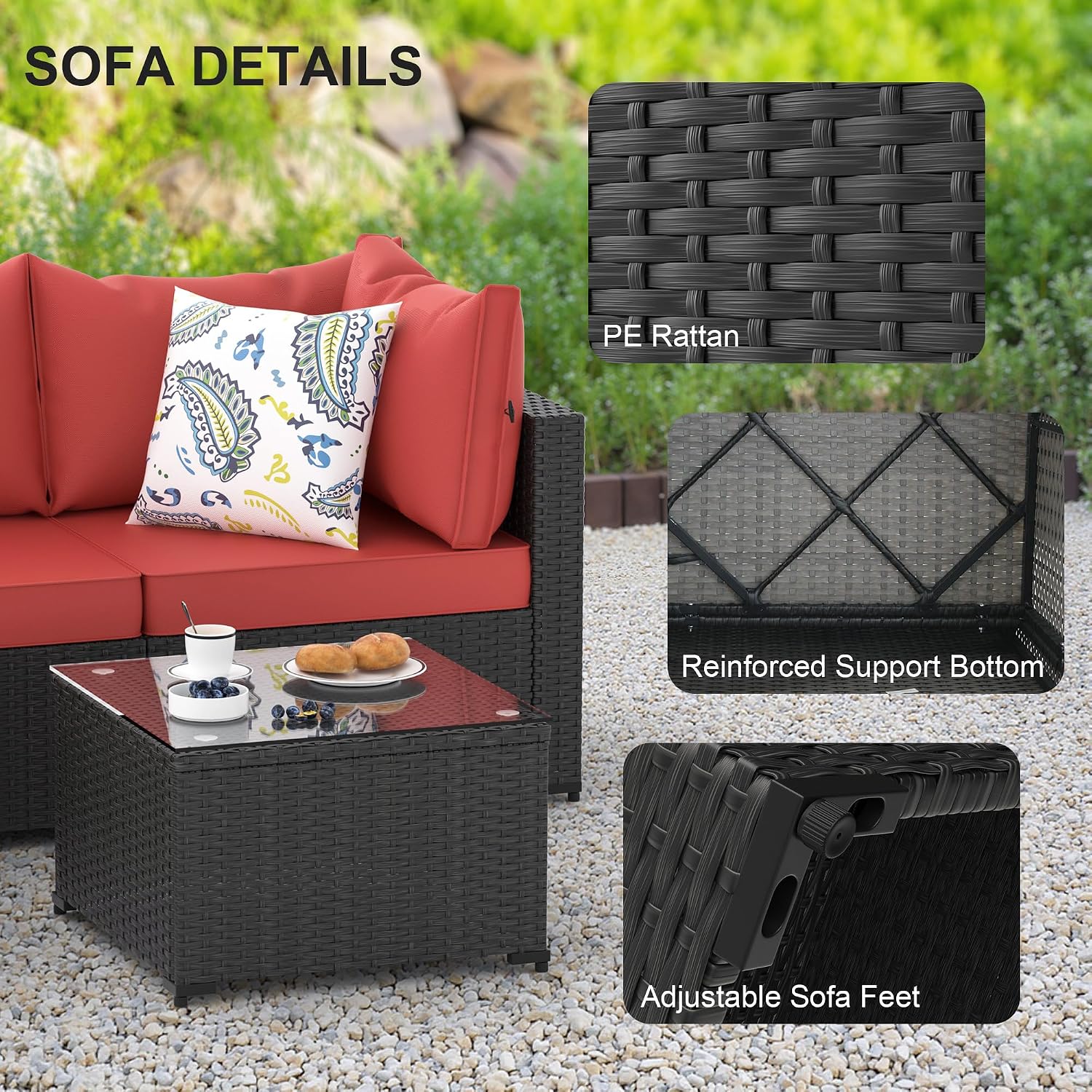 Patio Furniture Set, 5PCS Outdoor Sectional with Ottoman Wicker Rattan Patio Couch with Thickened Cushion Modular Wicker Patio Conversation Set with Glass Top Table for Balcony, Backyard (Burgundy)