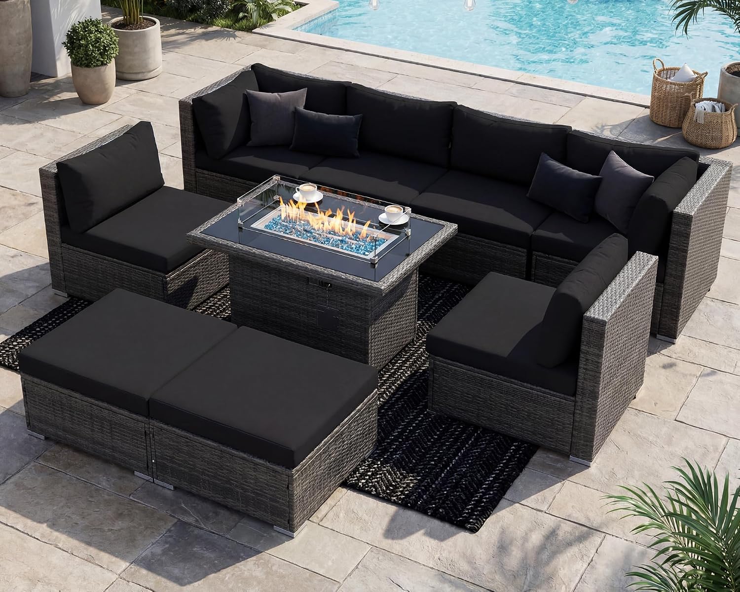RADIATA 9 Piece Wicker Patio Furniture Set with Fire Pit, All-Weather Outdoor Sectional Couch High Back Large Size, Modular Backyard Seating Sofa Set with Propane/Natural Gas Firepit Table, Grey&Black
