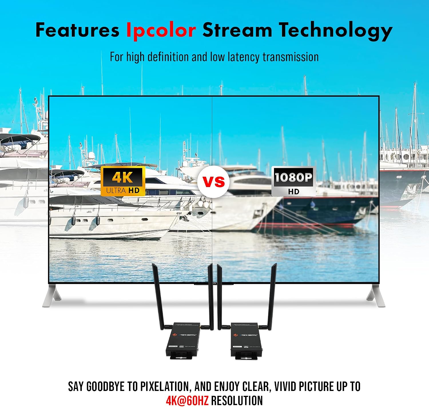 J-Tech Digital Wireless HDMI Transmitter and Receiver 4K 60Hz Up to 196ft., 5.1/5.2 GHz Low Latency HDMI Loop Output SSID Pairing Channel Change IR Passthrough [JTECH-WEX4K-50]