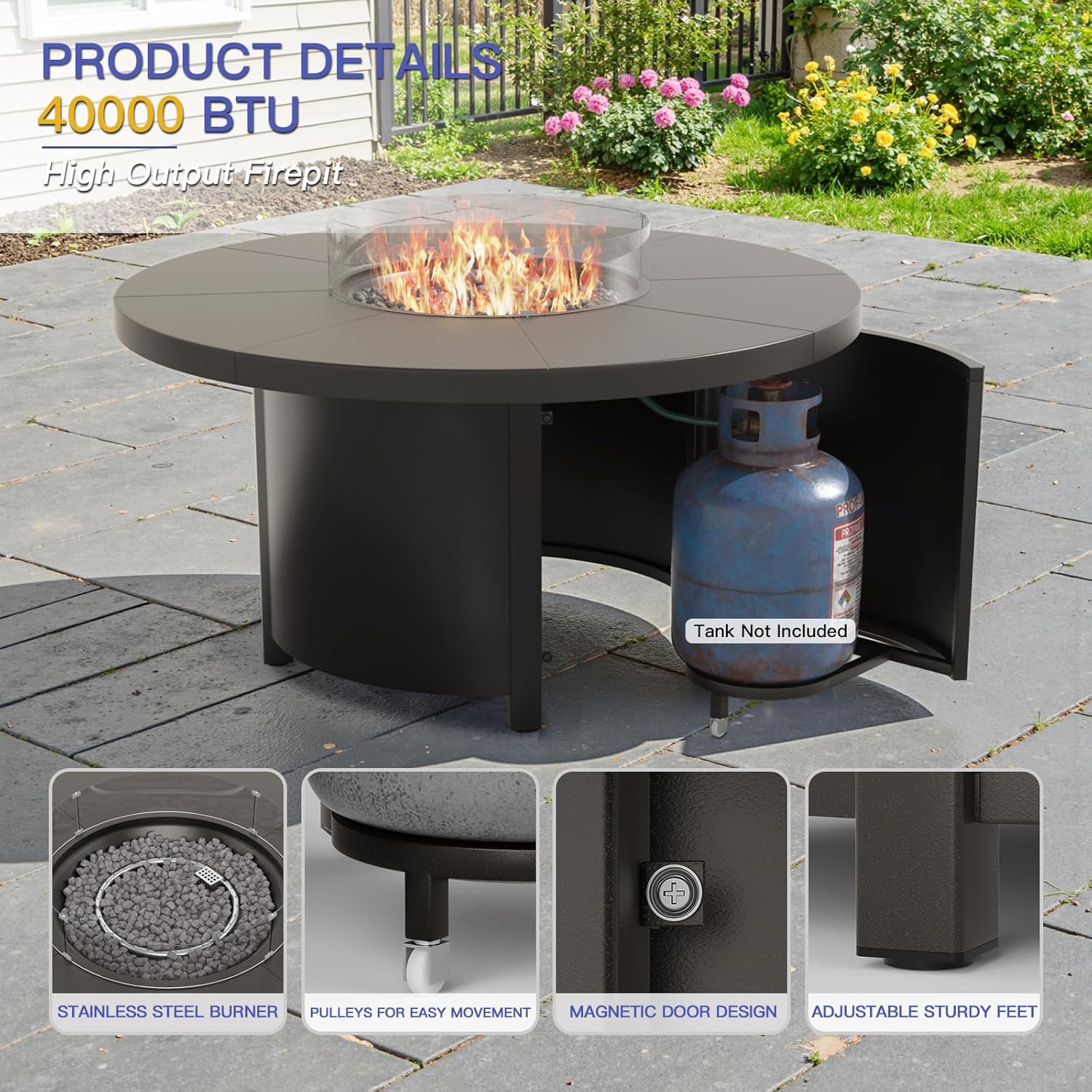 Kurapika 5 Piece Metal Outdoor Patio Furniture Set with Round Fire Pit Table, Patio Conversation Sets 4 Swivel Chairs with Thick Cushion and 40000 BTU Fire Pit Table, Sand
