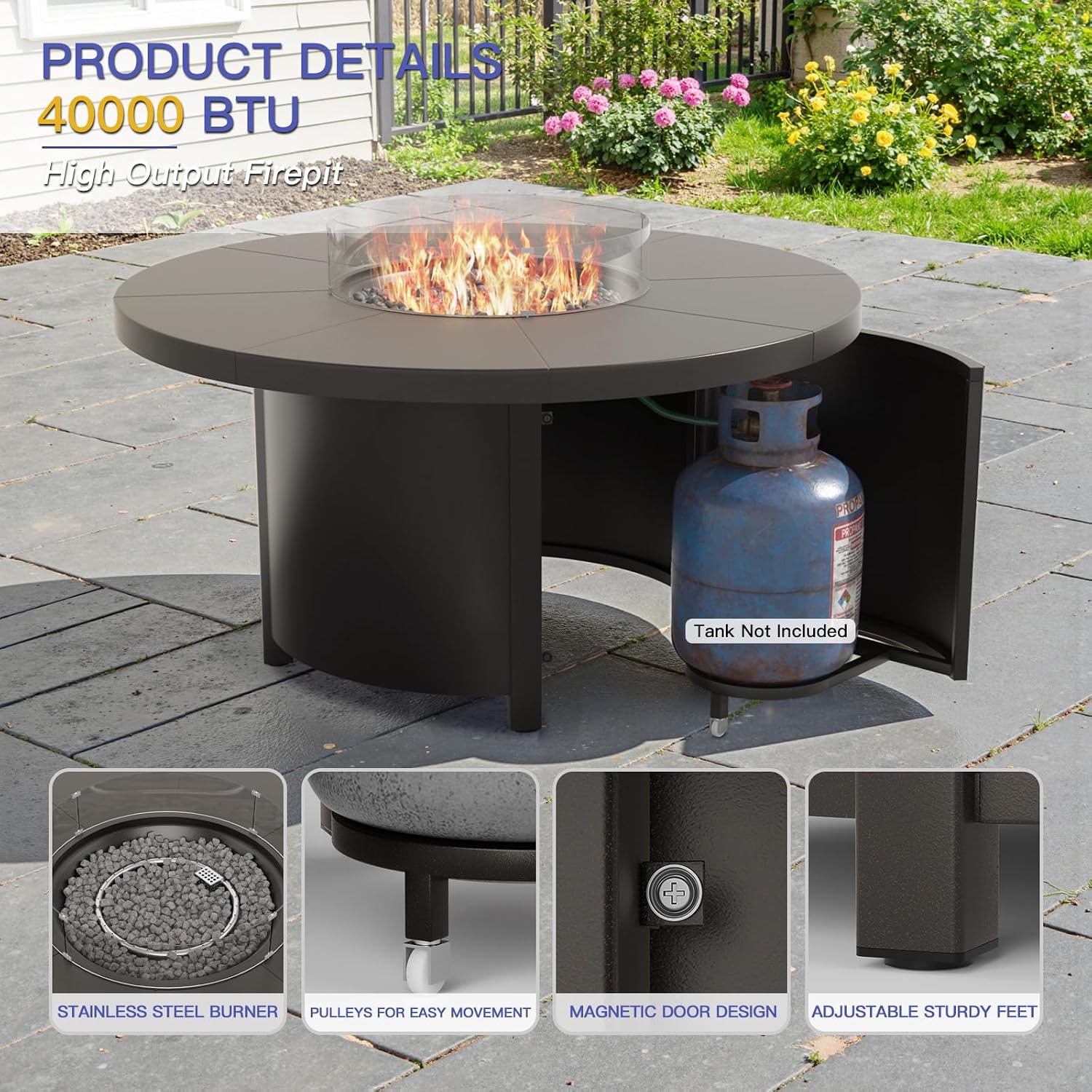 Kurapika 5 Piece Metal Outdoor Patio Furniture Set with Round Fire Pit Table, Patio Conversation Sets 4 Fixed Chairs with Thick Cushion and 40000 BTU Fire Pit Table, Sand