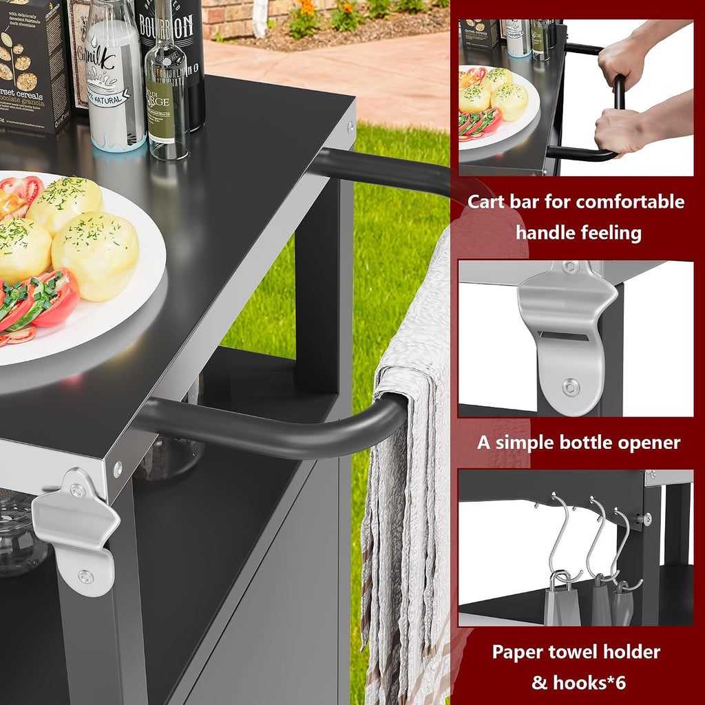 Vongrasig Outdoor Grill Cart, Patio Kitchen Island with Storage, Outdoor Bar Table BBQ Cart Pizza Oven Table with Foldable Stainless Steel Top & Wheels, Black