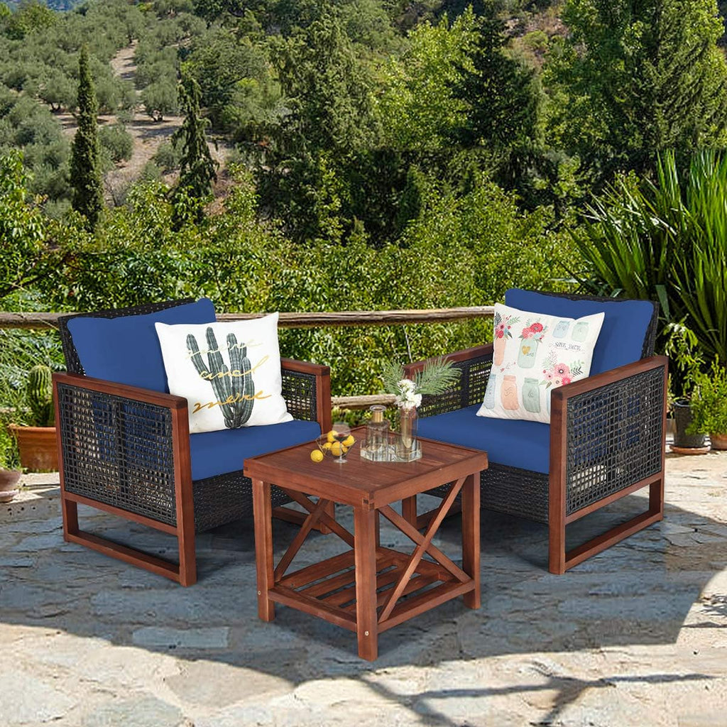 HAPPYGRILL 3 Pieces Outdoor Patio Furniture Set Wicker Chairs with Coffee Table, Balcony Porch Furniture Bistro Set with Acacia Wood Frame and Washable Cushions for Garden Poolside Backyard