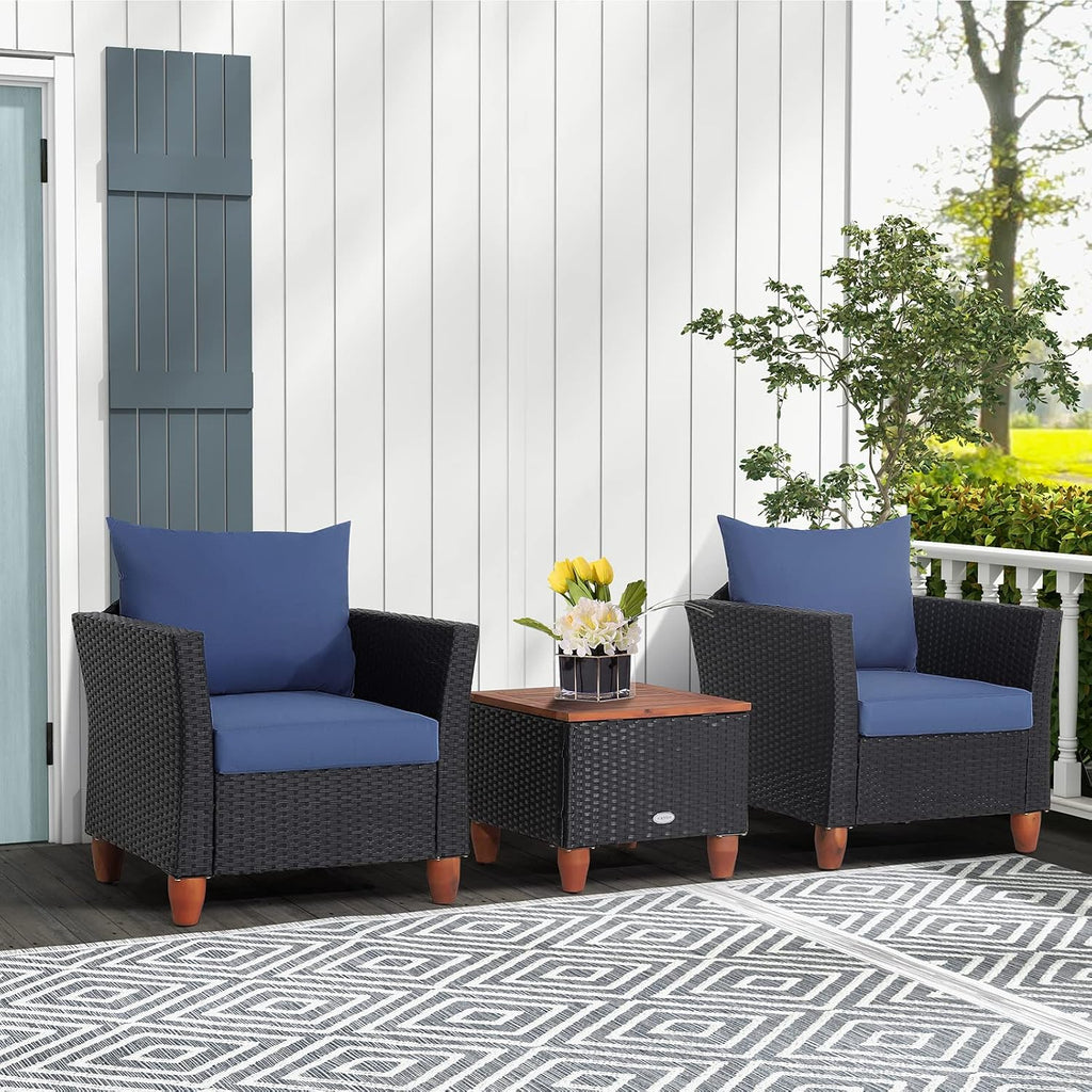 COSTWAY 3 Pieces Patio Rattan Furniture Set, Outdoor Wicker Conversation Chairs Set with Acacia Wood Coffee Table & Washable Cushion, Porch Furniture Bistro Set for Balcony, Garden, Backyard, Navy