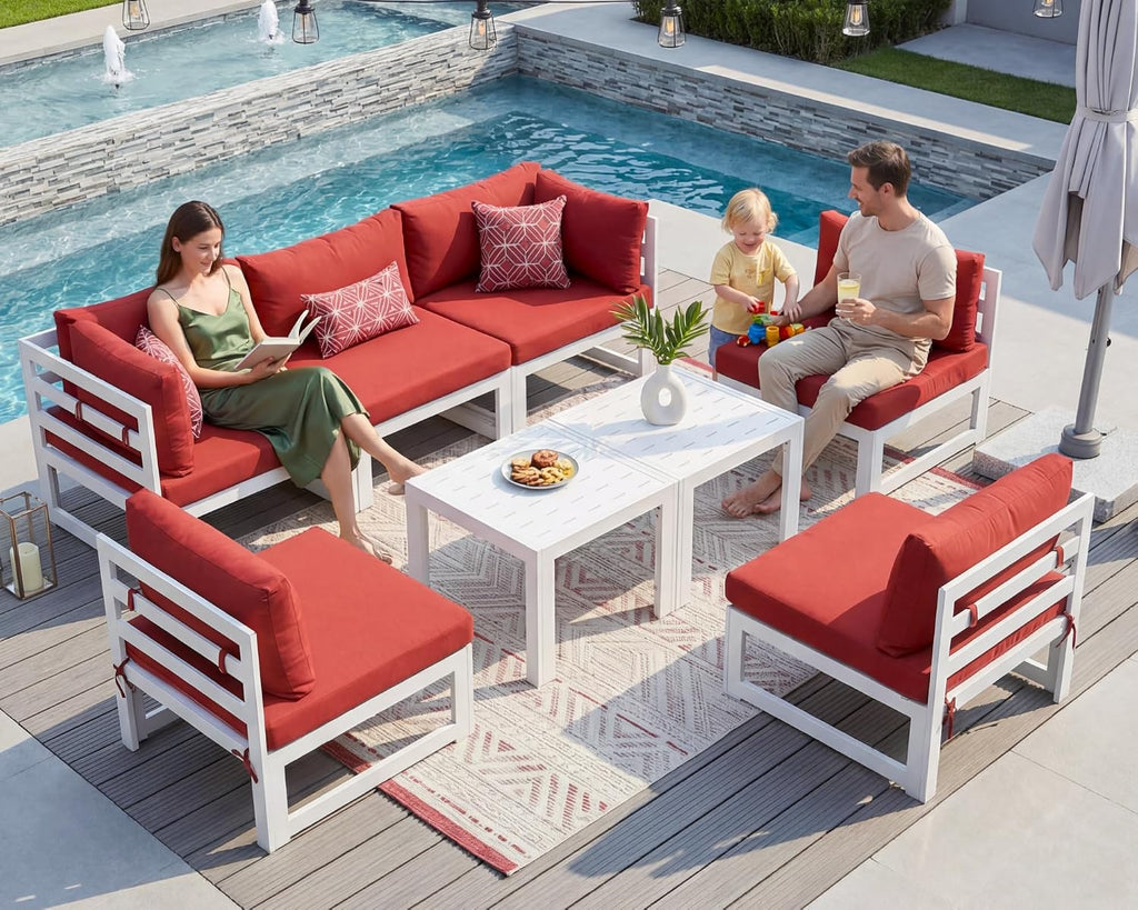 NICESOUL 6 Person Modern Aluminum Outdoor Patio Furniture Set, 29' Wide Deep Seating, Fade & Water Resistant L Shaped Modular Sectional Couch, Large Comfy Conversation Set for Backyard Terrace, Red
