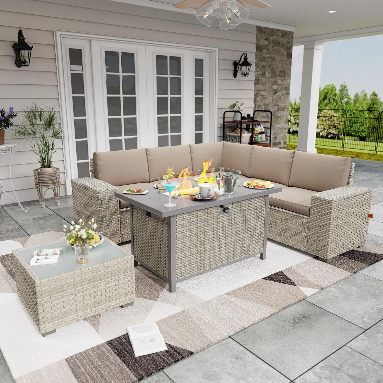 7 Piece Patio Furniture Set with 50,000 BTU Rattan Fire Pit Table that Converts to Coffee Table, 9.8' Wide Arm Sectional Sofa with Storage Armrests, Outdoor Rattan Conversation Set, Khaki