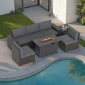 Patio Furniture Set with Fire Pit Table, 7PCS Outdoor Conversation Sets Waterproof Rattan Sectional Sofa with 4' Thickened Cushion Modular Wicker Patio Furniture Set with Glass Top Table (Grey)