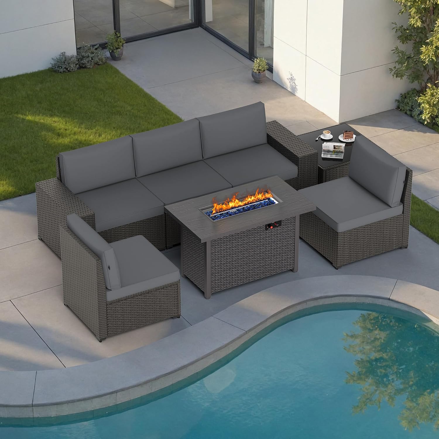 Patio Furniture Set with Fire Pit Table, 7PCS Outdoor Conversation Sets Waterproof Rattan Sectional Sofa with 4' Thickened Cushion Modular Wicker Patio Furniture Set with Glass Top Table (Grey)
