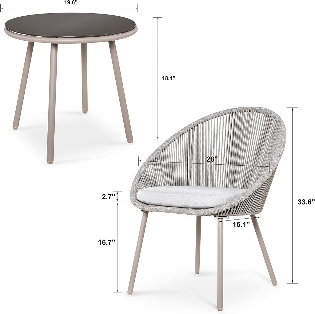 NUU GARDEN 3 Piece Outdoor Bistro Set, Woven Rope Conversation Patio Set, All Weather Patio Furniture Chairs and Table with Cushions for Garden, Deck, Backyard, Balcony, Porch, Beige
