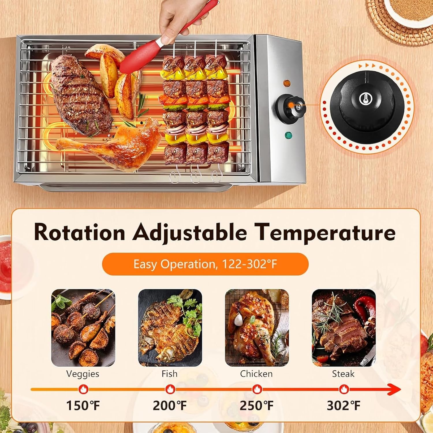 2600W Commercial Electric Grill, Smokeless Indoor Grill with Removable Baking Pan, Adjustable Temperature 50-300℃, Rapid Heating, Easy To Clean and Carry for Restaur