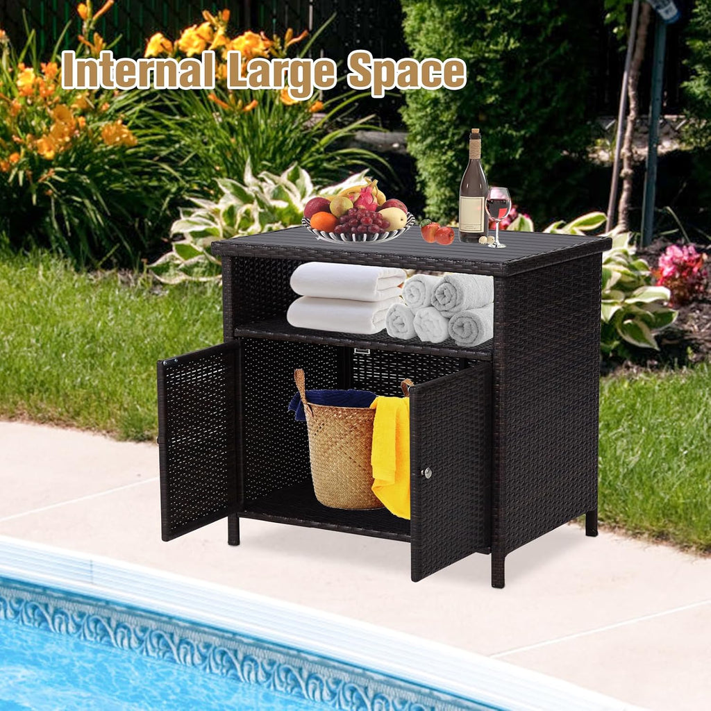 Outdoor Wicker Storage Cabinet - Patio Bar Table with Storage and Doors, Rattan Console Table Buffet Cabinet, Outdoor Storage Unit for Patio, Pool, Garden, Indoor, Kitchen, Dark Brown