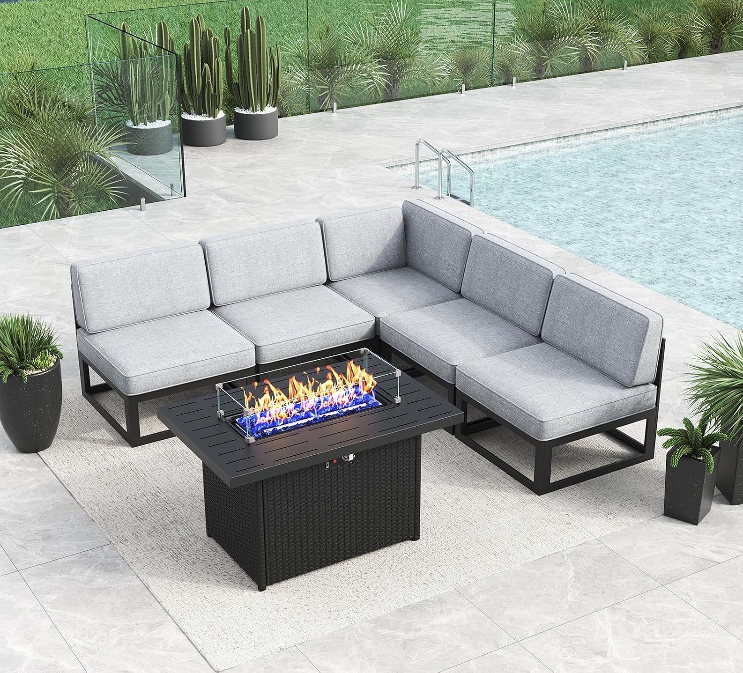 LayinSun Large Aluminum Patio Furniture Set with Fire Pit Table, 6 Pieces Modern Outdoor Conversation Set Sectional Metal Sofa Set with Olefin Cushion