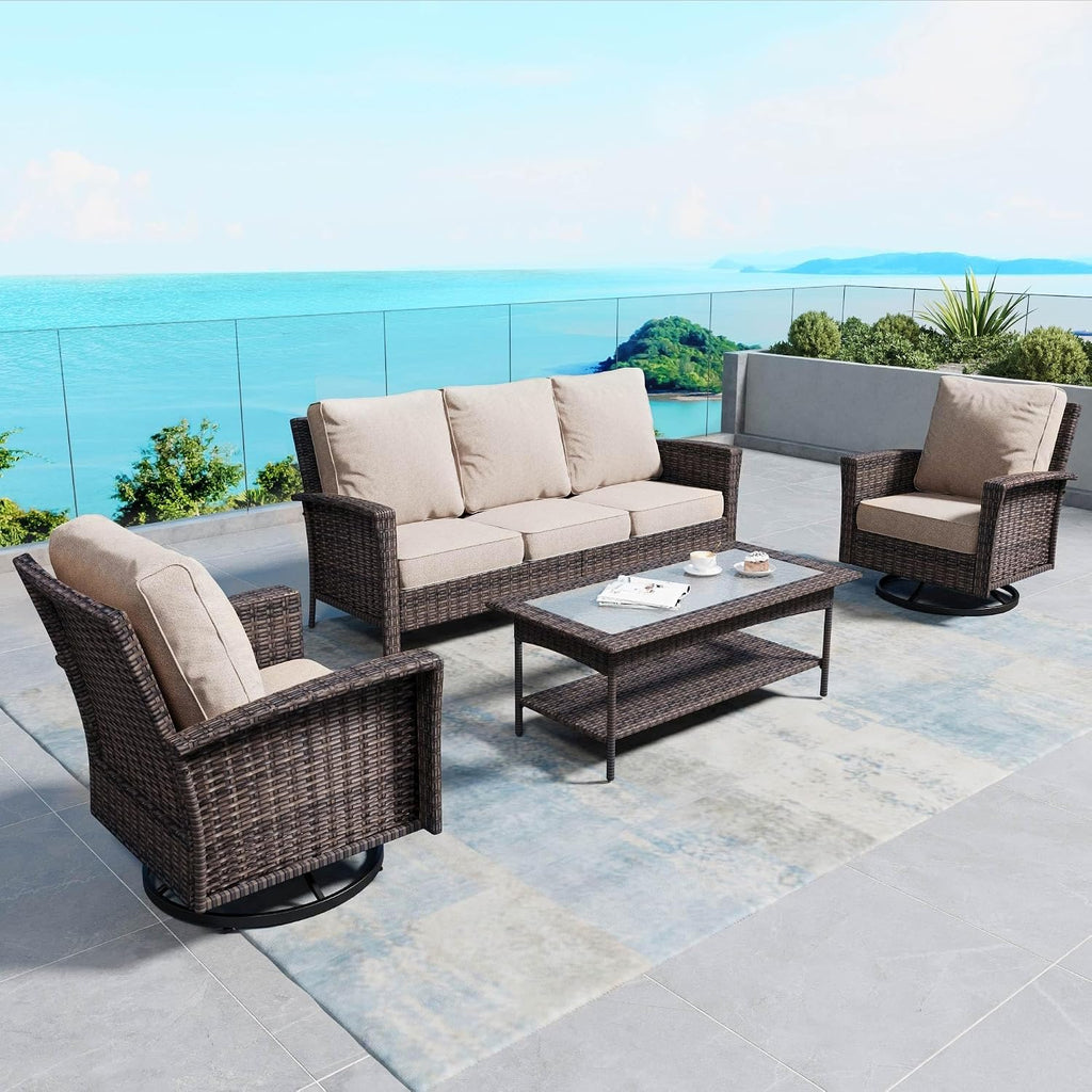 SUNSHINE VALLEY 4 Pieces Patio Furniture Set with Swivel Chairs, High Back Wicker Rattan Sofa with Extra Thick Cushion and Coffee Table, Outdoor Conversation Set for Garden Backyard Deck,Beige