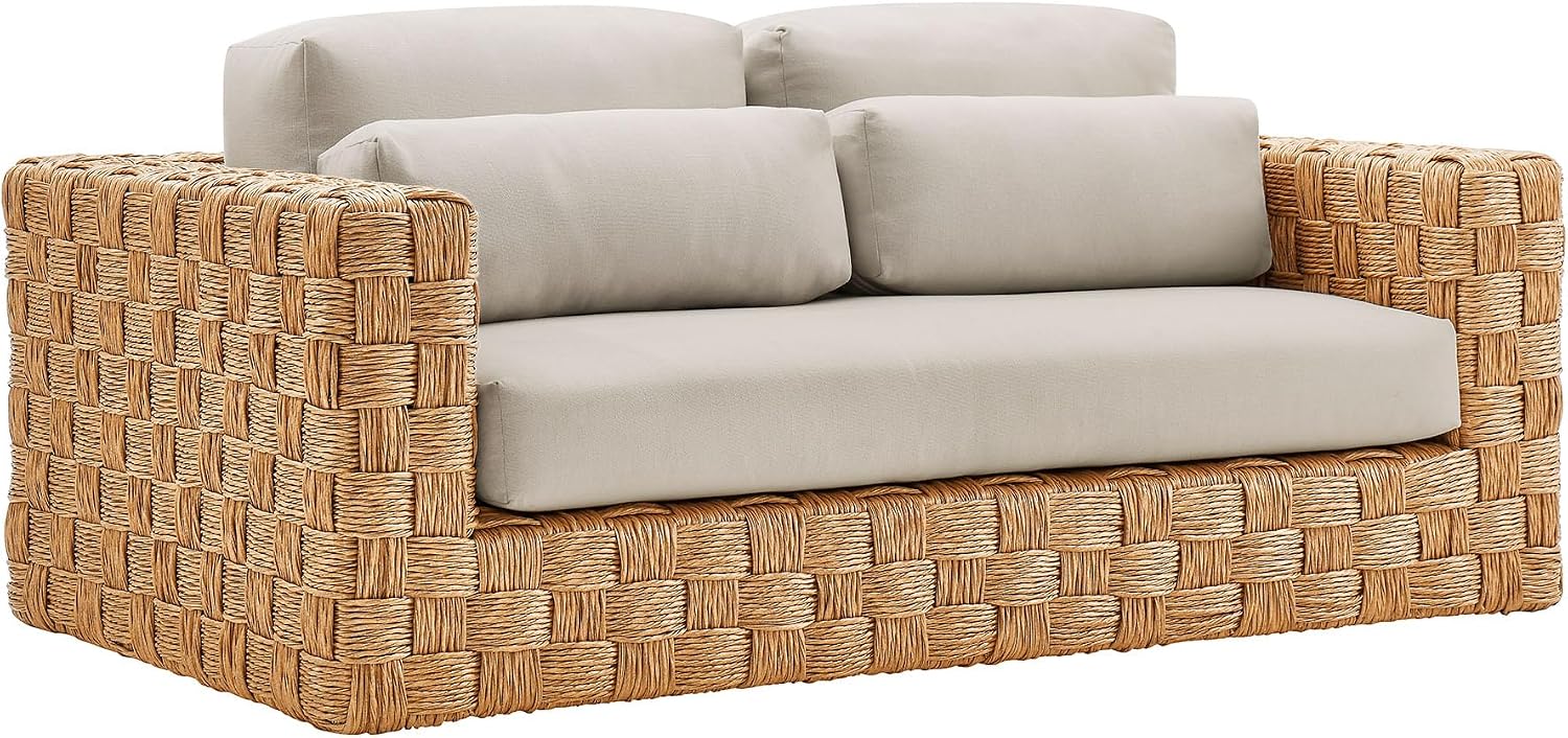 Modway Thames 4 Piece Outdoor Patio Furniture Set in Natural Light Gray - Wicker Rattan Conversation Set with Loveseat, Armchairs, and Coffee Table - All-Weather Deep Seating Backyard Collection