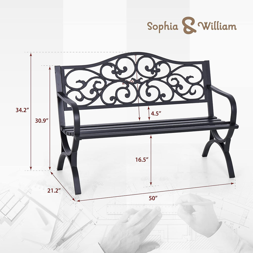 Sophia & William 50' Outdoor Garden Bench Patio Park Bench, Cast Iron Metal Frame Furniture with Floral Design Backrest for Porch Yard Lawn Deck, Black