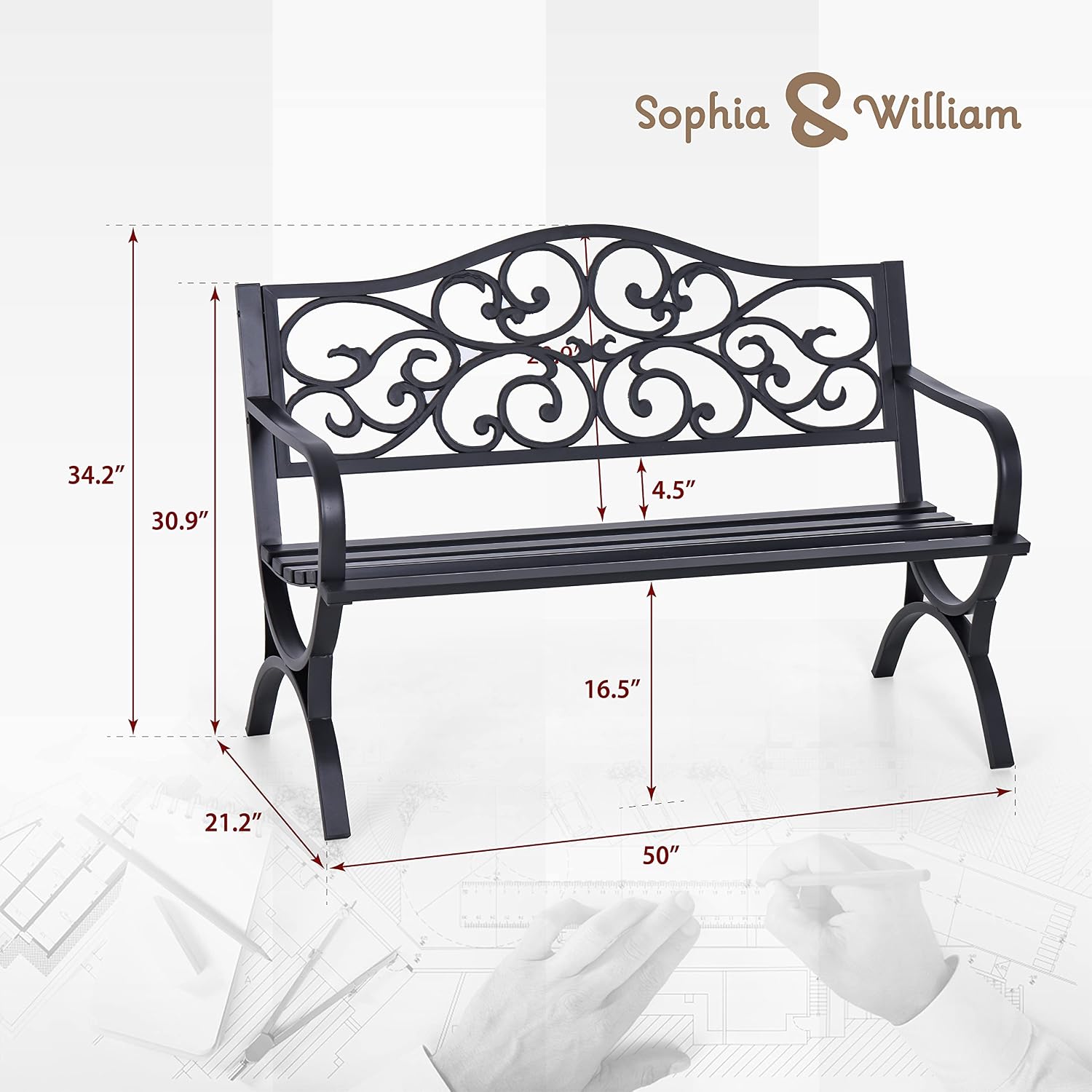 Sophia & William 50' Outdoor Garden Bench Patio Park Bench, Cast Iron Metal Frame Furniture with Floral Design Backrest for Porch Yard Lawn Deck, Black