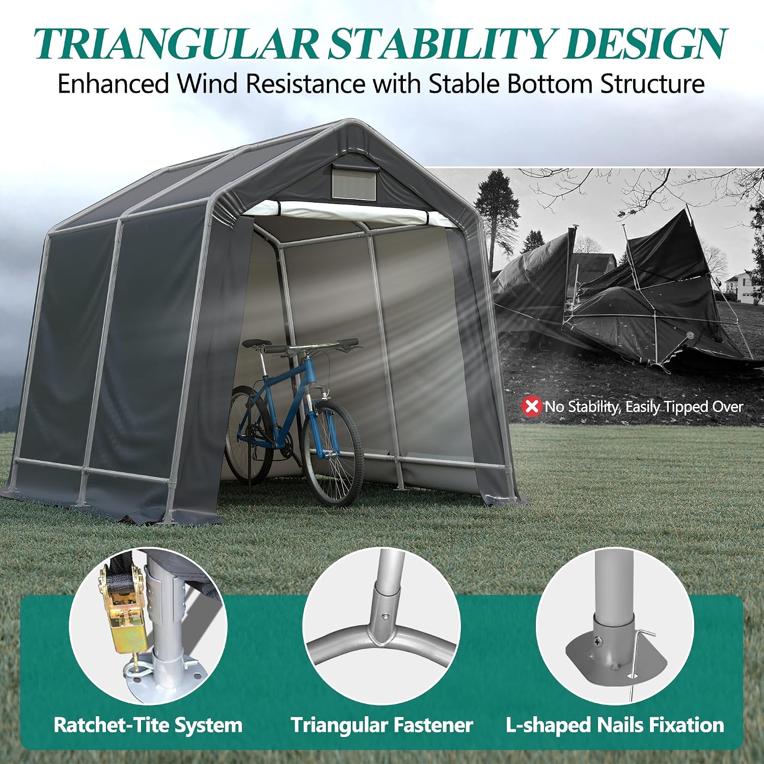 GARTOO 8' x 8' Outdoor Storage Shelter Shed- Heavy Duty Storage Tent with Roll-up Ventilated Windows, Portable Garage Zipper Storage shed for Bike, ATV, Motorcycle Shelter, Gray