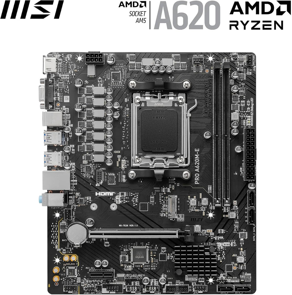 MSI PRO A620M-E Motherboard, Micro-ATX - Supports AMD Ryzen 7000 Series Processors, AM5 - DDR5 Memory Boost 6400+MHz/OC, 1 x PCIe 4.0 x16, 1 x M.2 Gen4