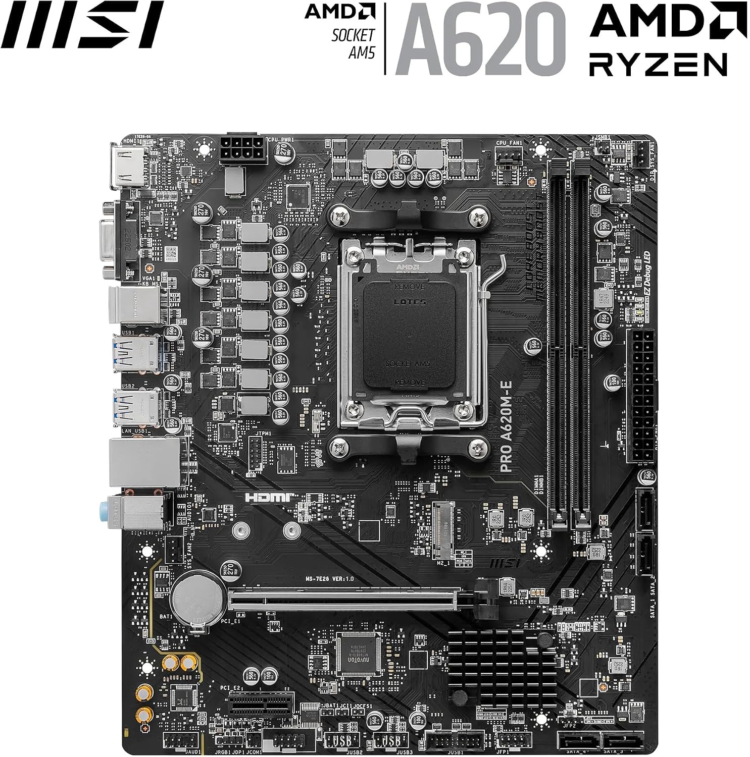 MSI PRO A620M-E Motherboard, Micro-ATX - Supports AMD Ryzen 7000 Series Processors, AM5 - DDR5 Memory Boost 6400+MHz/OC, 1 x PCIe 4.0 x16, 1 x M.2 Gen4