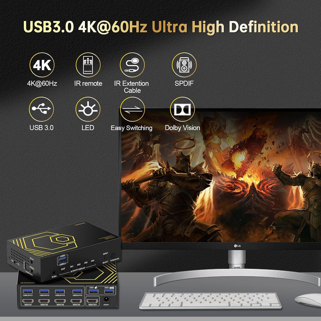 4K@60Hz HDMI KVM Switch USB3.0 4 Computers 1 Monitors HDMI 4 Port KVM Switches for 4 PC Share 1 Monitor and 4 USB 3.0 Devices SPDIF L/R Mic Audio with IR Remote Control and 4xUSB 3.0 Cables