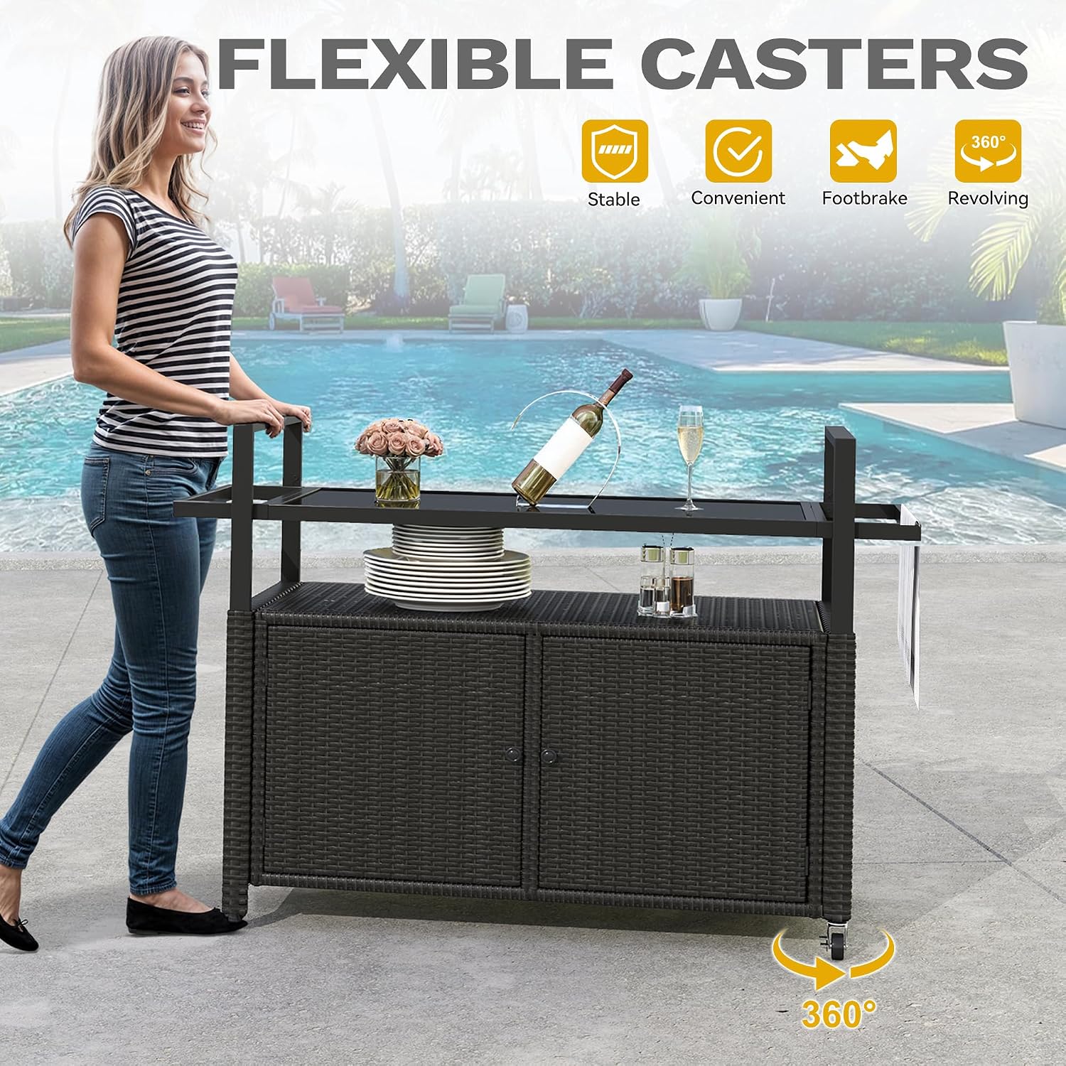 DWVO Outdoor Kitchen Island,Patio Buffet Cabinet with Storage, Bar Cart with Glass Top,Patio Storage Cabinet with Wheels,Outdoor Bar Table for Poolside and Backyard,Black