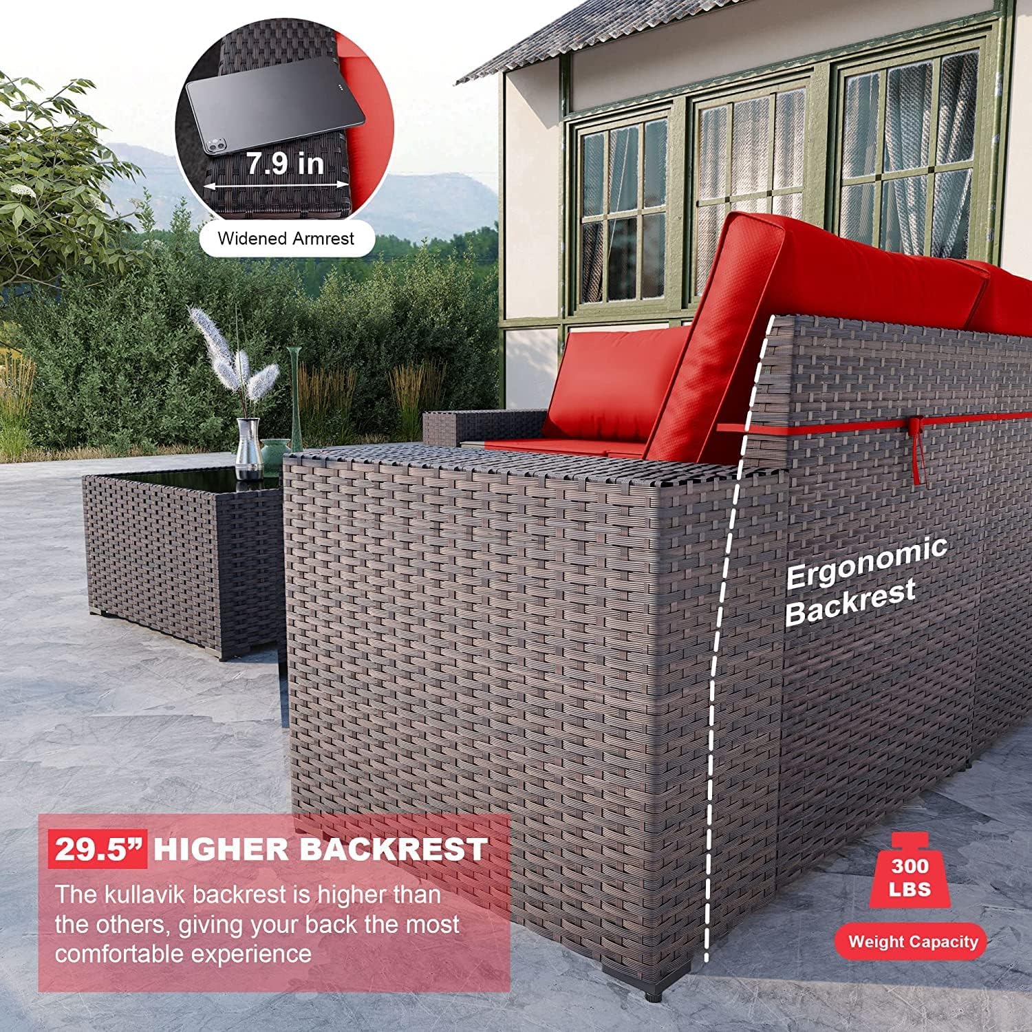 Kullavik Outdoor Patio Furniture Set 12 Pieces Sectional Rattan Sofa Set Brown PE Rattan Wicker Patio Conversation Set with 10 Red Seat Cushions and 2 Tempered Glass Table