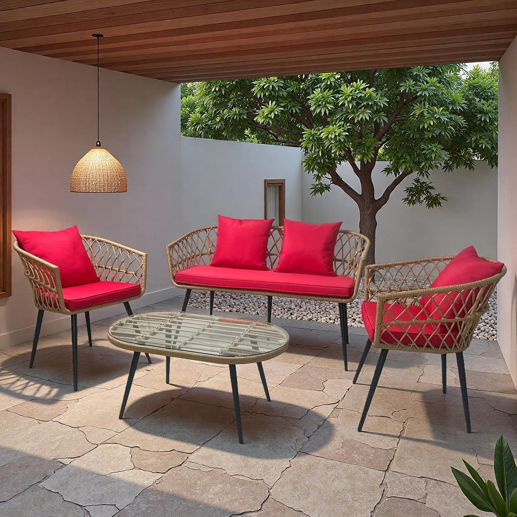 4 Piece Patio Furniture Set,Outdoor Conversation Set with Wicker Sofa, 2 Rattan Chairs and Glass Table, Patio Bistro Set with All Weather Cushions, for Garden, Porch, Backyard (Red)