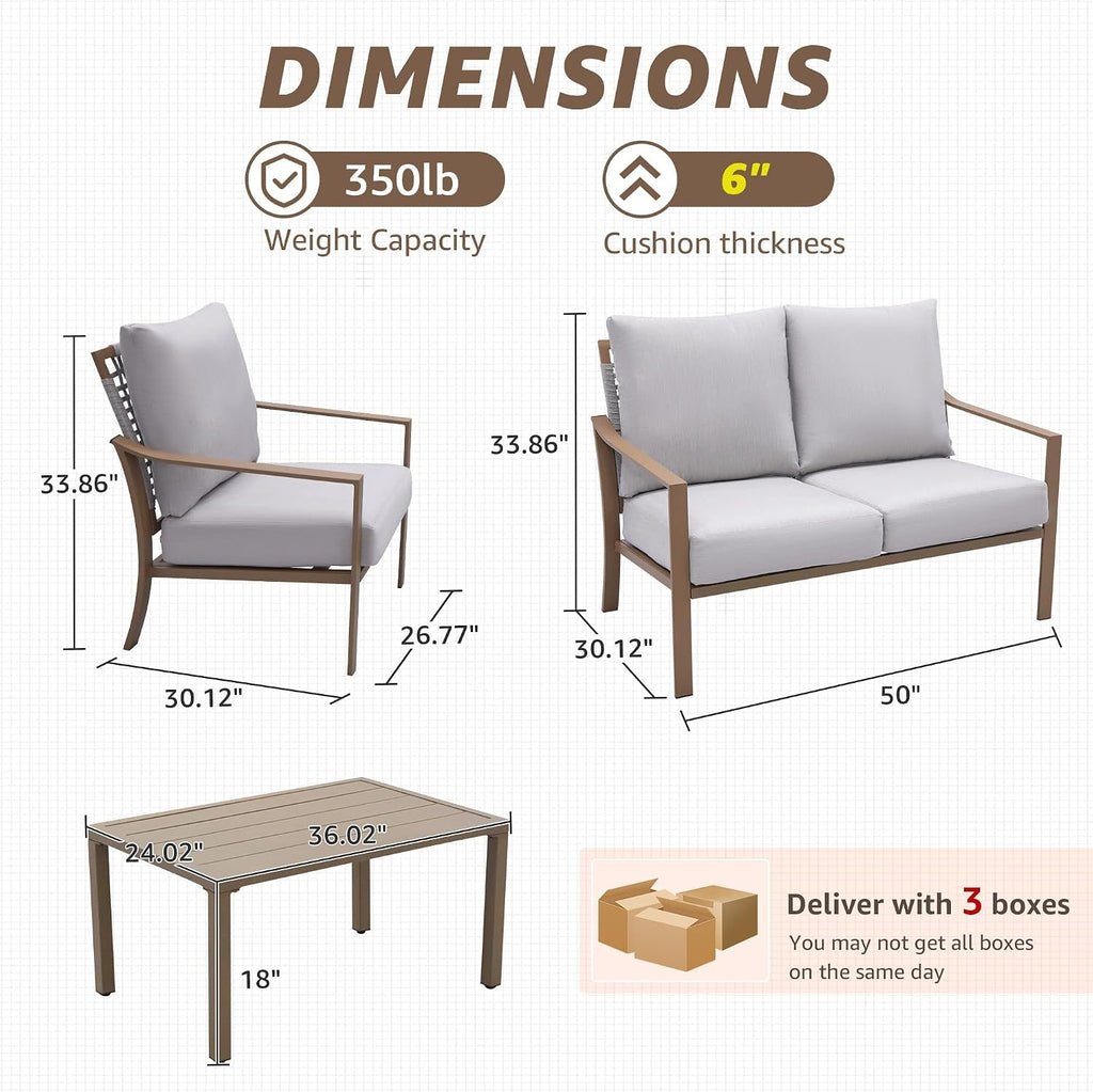 NATURAL EXPRESSIONS 4 Pieces Patio Furniture Sets,Modern Metal Outdoor Conversation Sets with All Weather Hand-Woven Rope Chairs,High Back Frame,Metal Table, 6' Thick Olefin Cushions for Yard,Garden